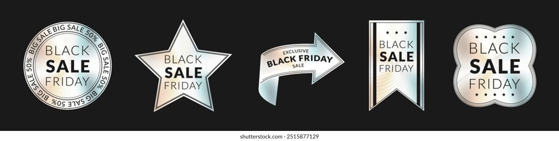 A set of holographic black Friday stickers. Color templates of holographic stickers with discounts. Vector illustration.