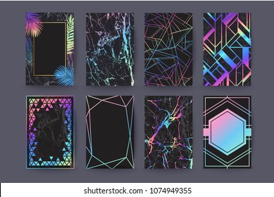 Set of holographic brochure, card, background, cover. Black marble texture. Geometric frame. Palm, exotic leaves. 