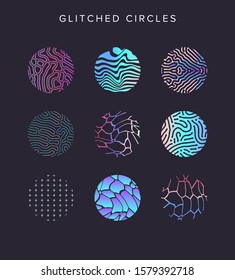 Set of holographic circles with glitch generative art patterns. Retrofuturistic Vaporwave, synthwave, synthpop aesthetics of 80s-90s, Yesterday’s tomorrow style.