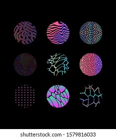 Set of holographic circles with glitch generative art patterns. Retrofuturistic vaporwave, synthwave, synthpop aesthetics of 80s-90s.