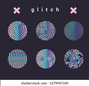 Set of holographic circles with glitch generative art patterns. Retrofuturistic Vaporwave, synthwave, synthpop aesthetics of 80s-90s, Yesterday’s tomorrow style.