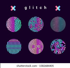 Set of holographic circles with glitch generative art pattern. Retrofuturistic vaporwave, synthwave, synthpop aesthetics of 80s-90s.