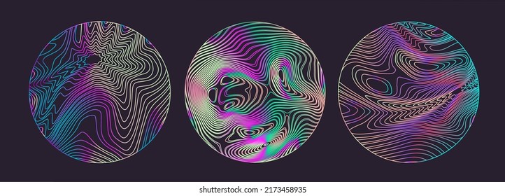 Set of holographic circles on a dark background. Psychedelic illustration in neon vibrant colors.