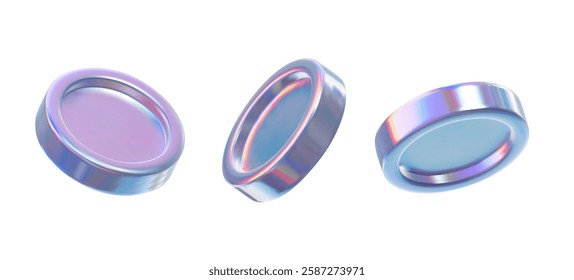 Set of holographic coin isolated on transparent background. Vector illustration