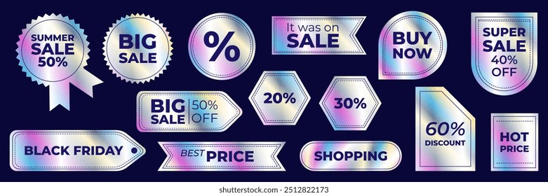 A set of holographic discount stickers. Vector graphics with textured foil effect. Big sale