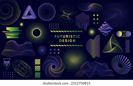 Set of holographic elements in vaporwave style. Futuristic cyberpunk shapes for retro party. Waves, abstract objects and distortions. Neon 3D illustration collection isolated on dark background