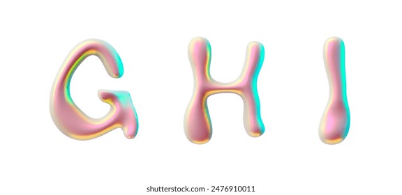 A set of holographic fonts in Y2K style. Volumetric letters G, H, I made of liquid metal with shiny pink tints. Ideal for futuristic design on isolated background.