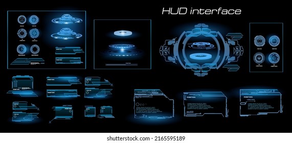 Set holographic frames and portals. Digital holographic user interface with dashboards, elements and portals. Futuristic cyber interface with HUD elements