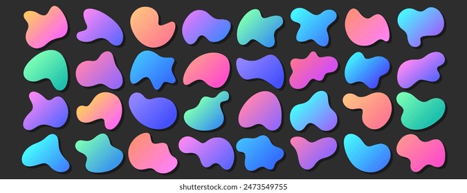 Set of holographic freeform shapes or irregular blobs. Random liquid deformed figures. Neon colors organic stains, wavy spots or fluid simple amoeba abstract form. Modern assymmetric colorful blotches