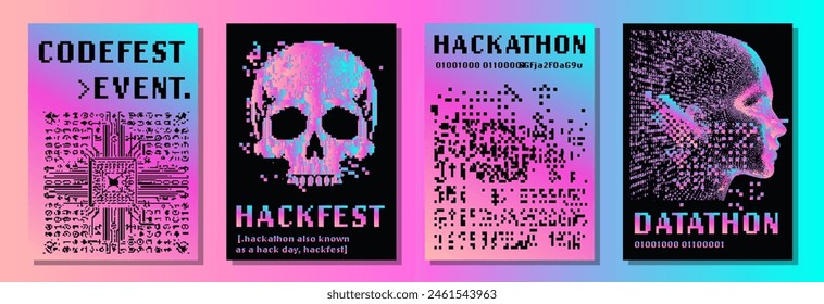 Set of holographic futuristic posters with pixel art illustrations of human head and skull. Covers for hackathon (also known as datathon or codefest).