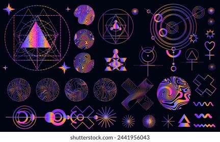 Conjunto de elementos geométricos holográficos sobre un fondo oscuro.