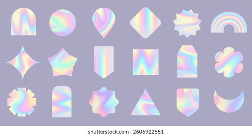 Set of holographic geometric forms of labels. Liquid background of iridescent colors.