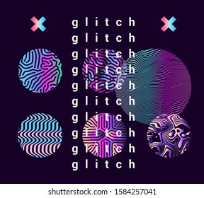 Set of holographic geometric shapes with glitch generative art pattern. Retrofuturistic vaporwave, synthwave, synthpop aesthetics of 80s-90s.