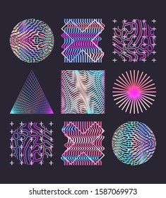 Set of holographic geometric shapes with glitch generative art pattern. Retrofuturistic vaporwave, synthwave, synthpop aesthetics of 80s-90s.