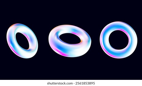 Set of Holographic geometric shapes object. Realistic torus for design. Geometric shape icon.