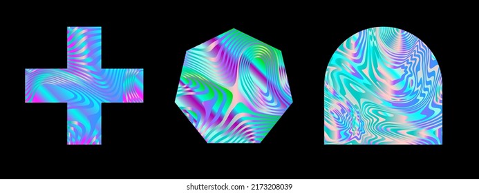 Set of holographic geometric shapes on a dark background.