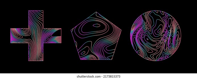 Set of holographic geometric shapes on a dark background.