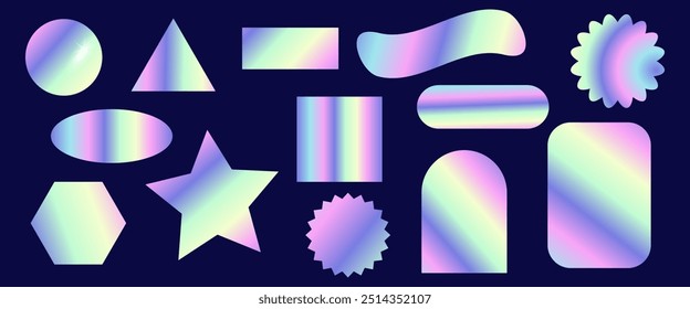 Un conjunto de Formas geométricas holográficas. Vector de pegatinas de arco iris.