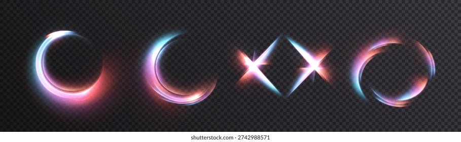Set of holographic glowing crescent moons, glitters and ring shapes isolated on dark background.