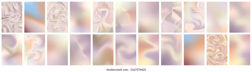 Set of holographic gradient background. Abstract retro furistic cover set. 90s, 80s style for brochure, banner, flyers. Pastel neon rainbow metallic texture. Iridescent foil or glitch. Vector illustre