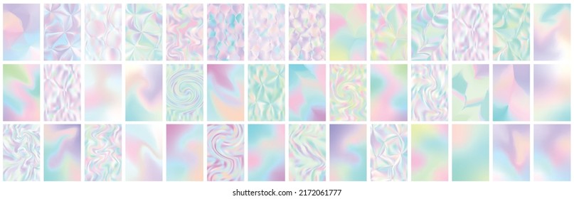 Set of holographic gradient background. Abstract retro furistic cover set. 90s, 80s style for brochure, banner, flyers. Pastel neon rainbow metallic texture. Iridescent foil or glitch. Vector