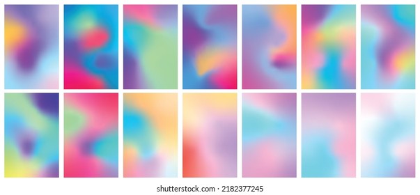 Set of holographic gradient background. Abstract retro furistic cover set. 90s, 80s style for brochure, banner, flyers. Pastel neon rainbow metallic texture. Iridescent foil or glitch. Vector illustre