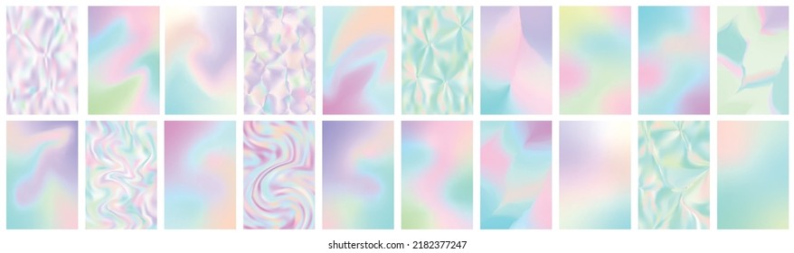 Set of holographic gradient background. Abstract retro furistic cover set. 90s, 80s style for brochure, banner, flyers. Pastel neon rainbow metallic texture. Iridescent foil or glitch. Vector illustre