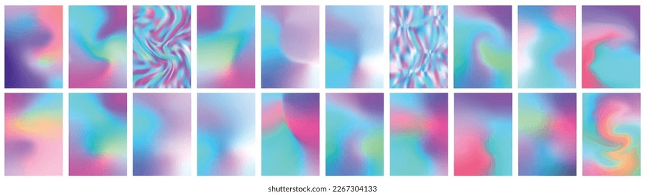 Set of holographic gradient background. Abstract retro furistic cover set. 90s, 80s style for brochure, banner, flyers. Pastel neon rainbow metallic texture. Iridescent foil or glitch. Vector