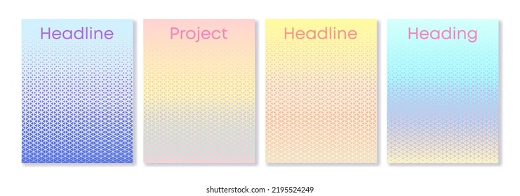 Set of holographic gradient cover templates with halftone pattern. For brochures, booklets, catalogs, business cards, wallpapers, social media and other projects. For web and print.