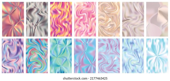 Set of holographic gradient textures. Abstract retro furistic cover set. 90s, 80s style for brochure, banner, flyers. Pastel neon rainbow metallic texture. Iridescent foil or glitch. Vector illustreti