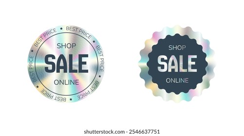 Set of holographic gradient vector circle stickers, label sale hologram emblem, online sale. Discount off. Web design, e-commercial, great for any products.