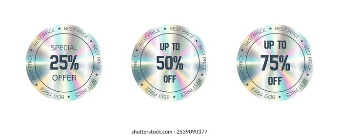 Set of holographic gradient vector stickers, label sale hologram emblem label for shop online sale premium quality. Different discounts off. Web design, e-commercial, great for any products.