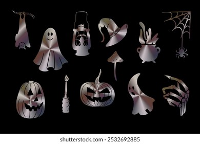 Set of holographic Halloween stickers with pumpkins, ghosts, bats, witches hat, lanterns, and spooky elements on black background. Vector outline scary illustrations