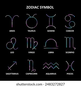 Set of holographic icons of zodiac signs. Astrology, horoscope. Holographic effect. Holographic gradient.