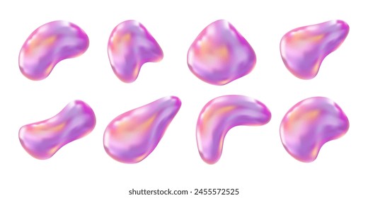 set of Holographic iridescent 3d fluid shapes, 3D glow, vector illustration.