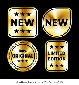 Set of holographic labels. Gold Hologram stickers of different shapes with text stamps. Marketing Labels.