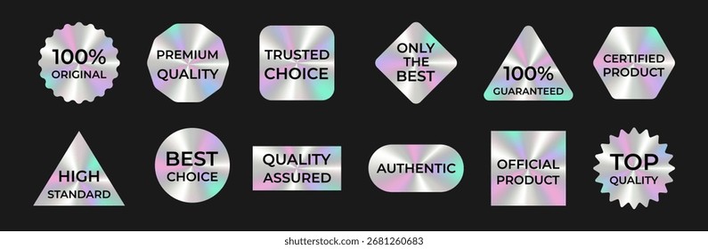 Set of holographic labels with gradient effect. Hologram badges with quality emblem, certified sticker, guarantee icon, premium product text.