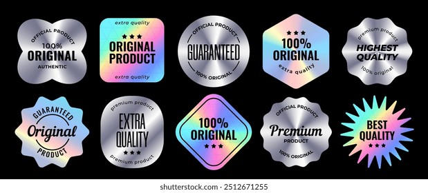 Satz holografischer Etiketten. Silber Hologramm Aufkleber in verschiedenen Formen mit Textmarken. Originalprodukt, Garantie und Premium-Qualität. Marketing-Labels Vektorgrafik einzeln auf Hintergrund