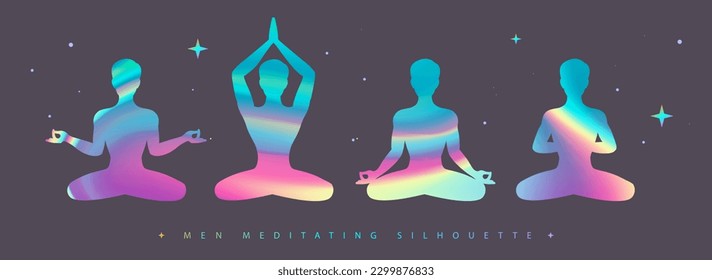 Set of holographic meditating men silhouettes. Vector illustration