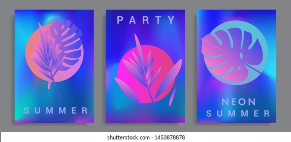 Set of holographic neon posters with composition of palm leaves and geometric shapes. Summer party event, sale promo, music cover in synthwave/ vaporwave/ retrowave 80s-retro 90s style.