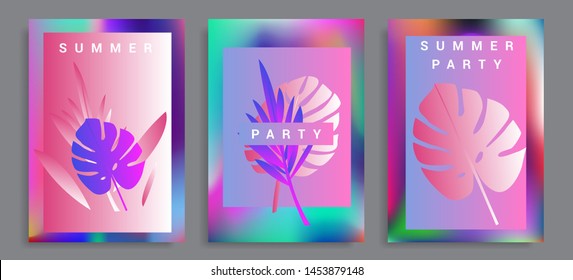 Set of holographic neon posters with composition of palm leaves and geometric shapes. Summer party event, sale promo, music cover in synthwave/ vaporwave/ retrowave 80s-retro 90s style.