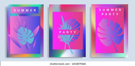Set of holographic neon posters with composition of palm leaves and geometric shapes. Summer party event, sale promo, music cover in synthwave/ vaporwave/ retrowave 80s-retro 90s style.