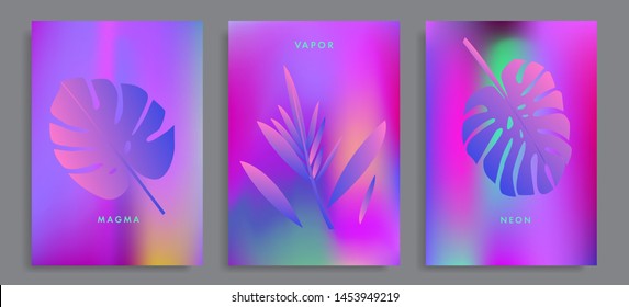 Set of holographic neon posters with composition of palm leaves and geometric shapes. Summer party event, sale promo, music cover in synthwave/ vaporwave/ retrowave 80s-retro 90s style.