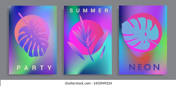 Set of holographic neon posters with composition of palm leaves and geometric shapes. Summer party event, sale promo, music cover in synthwave/ vaporwave/ retrowave 80s-retro 90s style.
