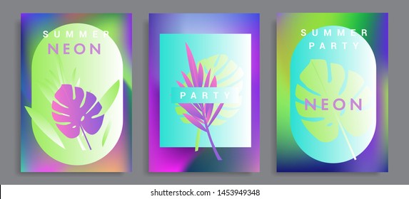 Set of holographic neon posters with composition of palm leaves and geometric shapes. Summer party event, sale promo, music cover in synthwave/ vaporwave/ retrowave 80s-retro 90s style.