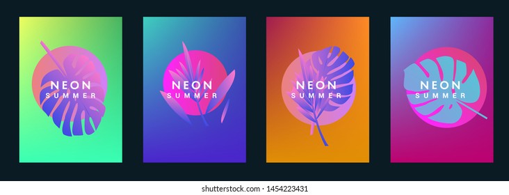 Set of holographic neon posters with composition of palm leaves and geometric shapes. Summer party event, sale promo, music cover in synthwave/ vaporwave/ retrowave 80s-retro 90s style.