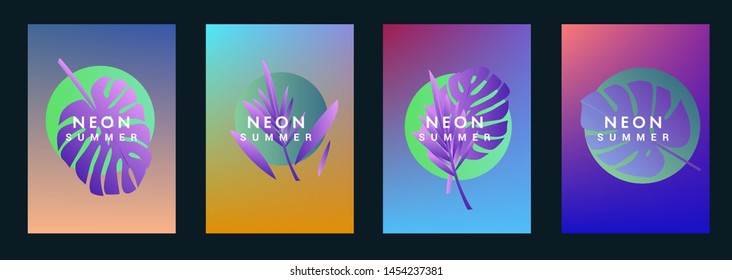 Set of holographic neon posters with composition of palm leaves and geometric shapes. Summer party event, sale promo, music cover in synthwave/ vaporwave/ retrowave 80s-retro 90s style.