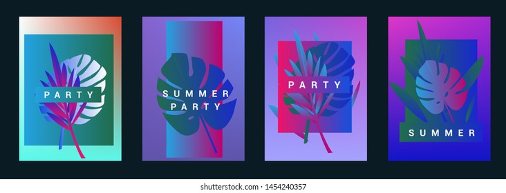 Set of holographic neon posters with composition of palm leaves and geometric shapes. Summer party event, sale promo, music cover in synthwave/ vaporwave/ retrowave 80s-retro 90s style.