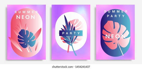 Set of holographic neon posters with composition of palm leaves and geometric shapes. Summer party event, sale promo, music cover in synthwave/ vaporwave/ retrowave 80s-90s retro style.
