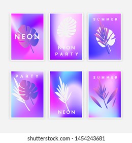Set of holographic neon posters with composition of palm leaves and geometric shapes. Summer party event, sale promo, music cover in synthwave/ vaporwave/ retrowave 80s-90s retro style.
